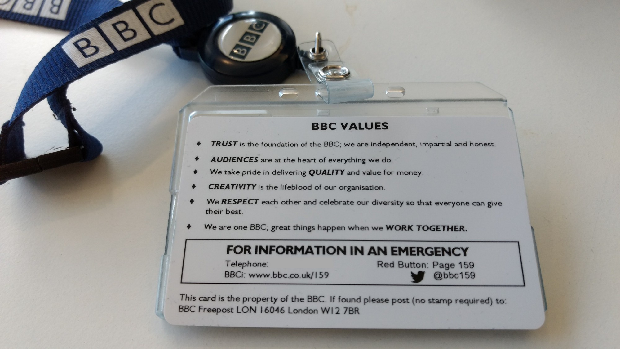 Reverse side of a BBC staff ID card listing the BBC's values.
