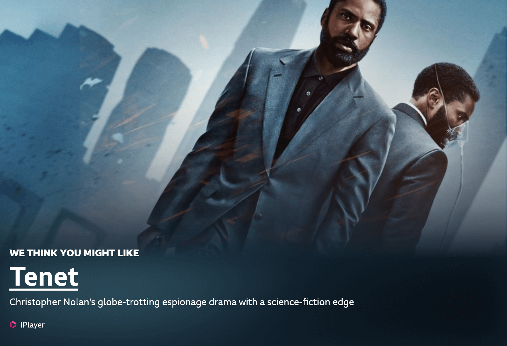 Screenshot of a promotion for the movie Tenet. An image from the movie is on the top with a mesh gradient underneath. It uses light and dark shades of a teal colour taken from the image.