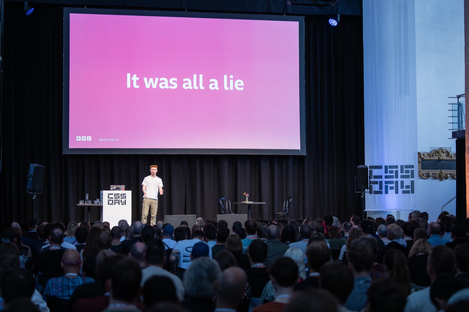 Photo of me speaking at CSS Day 2026 with a slide that says 'It was all a lie'. A crowd of a few hundred audience members is in the foreground.